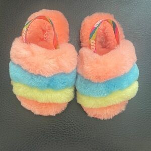 UGG Kids Multicolor Faux-Fur Slide Sandals - Peach, Blue, Yellow